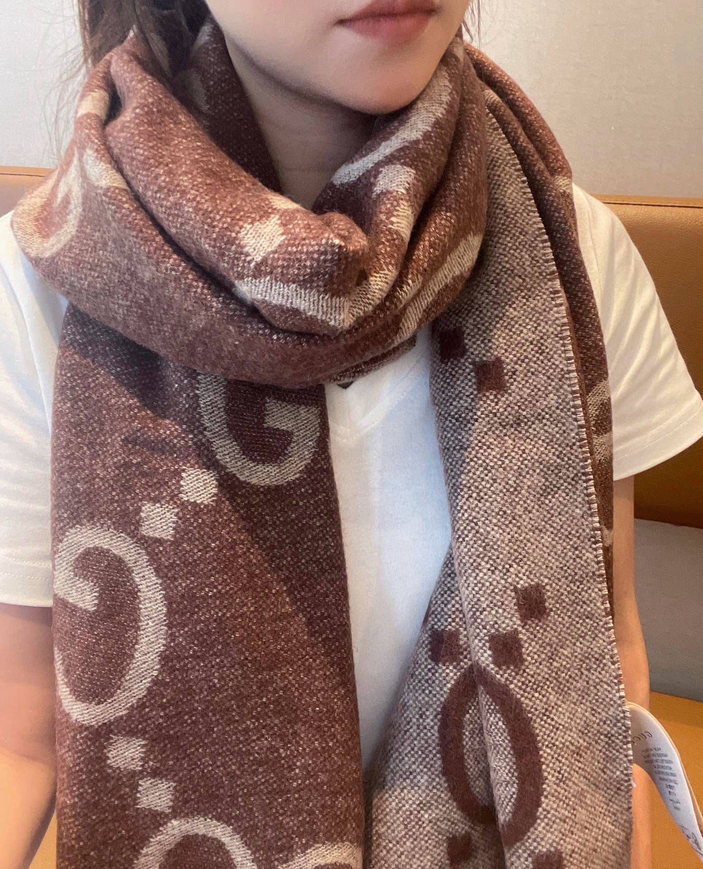 GG JACQUARD PATTERN KNIT SCARF 195 CM WITH TASSELS UMBER BROWN 403751 mysite