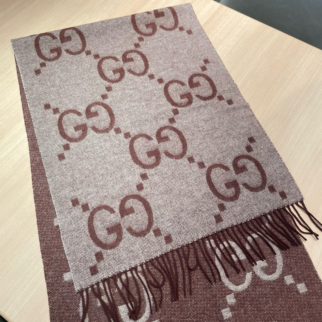 GG JACQUARD PATTERN KNIT SCARF 195 CM WITH TASSELS UMBER BROWN 403751 mysite