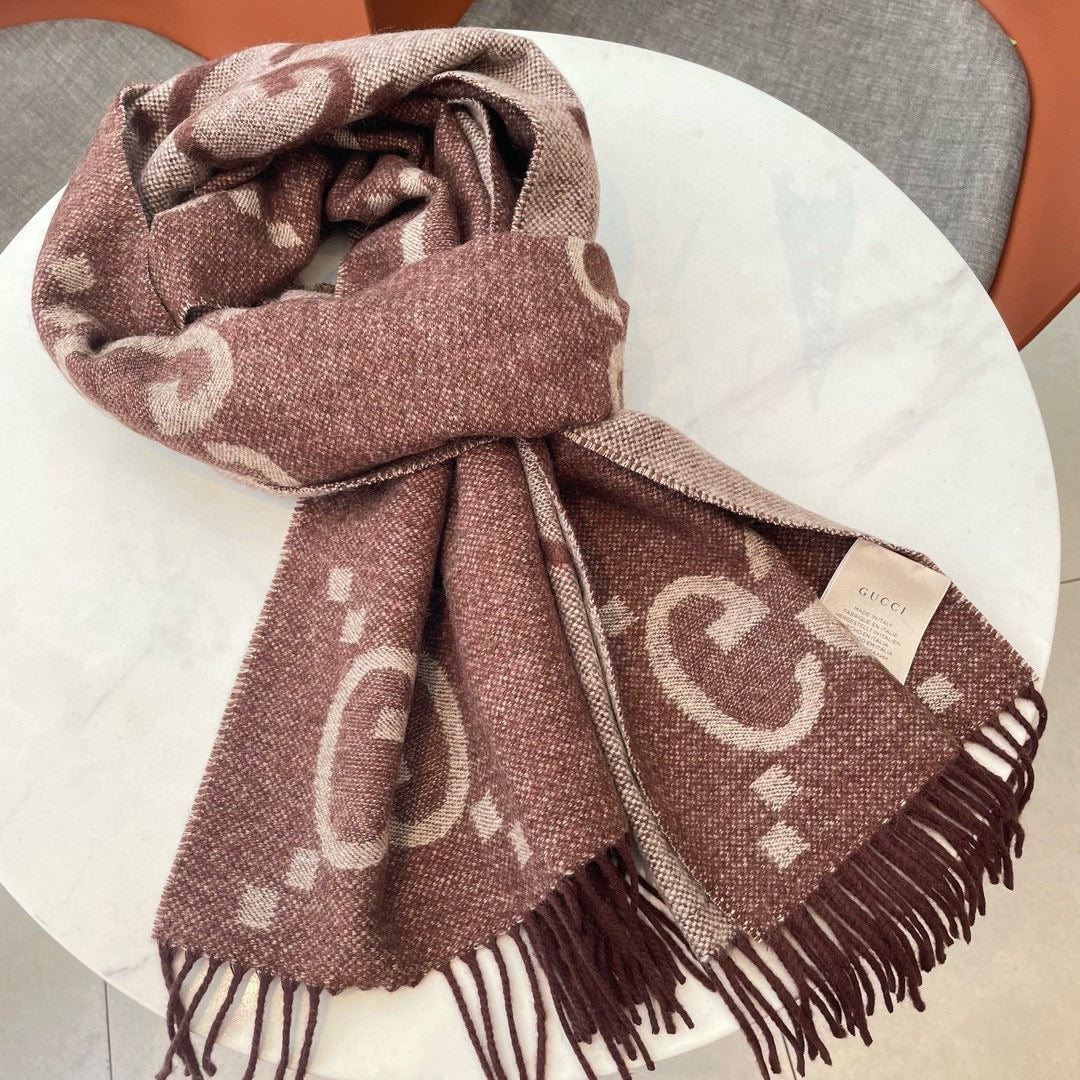 GG JACQUARD PATTERN KNIT SCARF 195 CM WITH TASSELS UMBER BROWN 403751 mysite