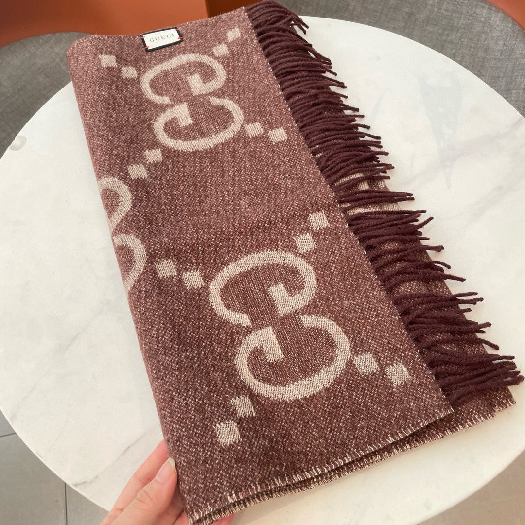 GG JACQUARD PATTERN KNIT SCARF 195 CM WITH TASSELS UMBER BROWN 403751 mysite