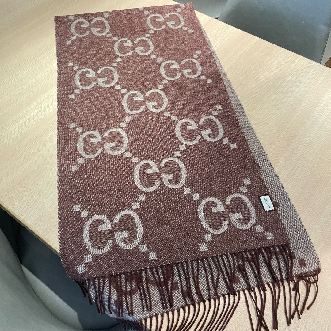GG JACQUARD PATTERN KNIT SCARF 195 CM WITH TASSELS UMBER BROWN 403751 mysite