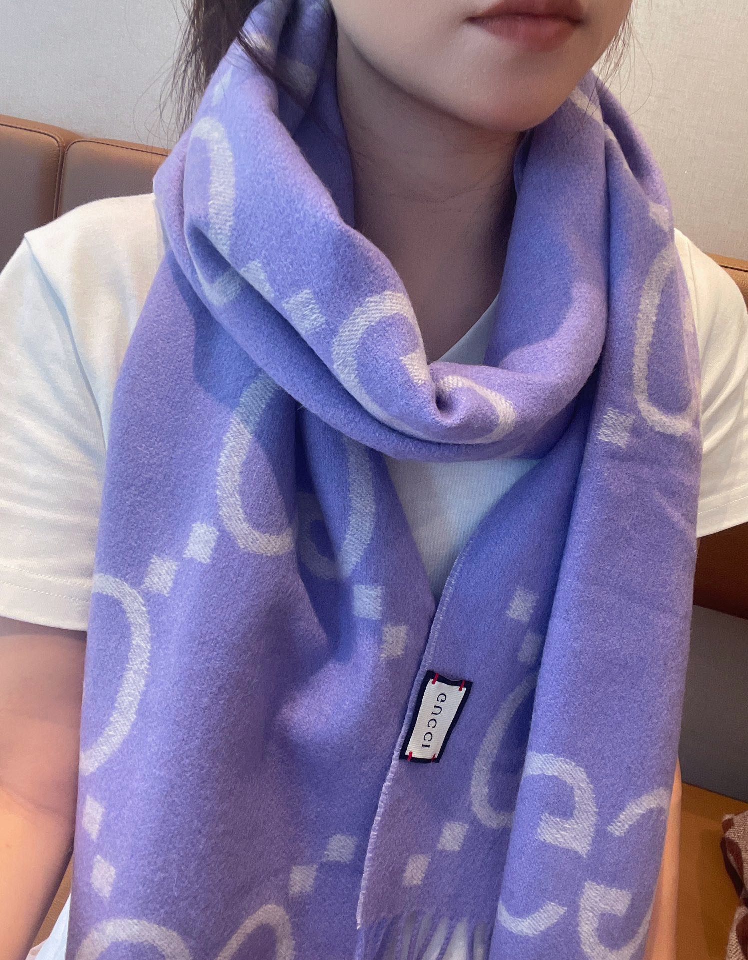 GG JACQUARD PATTERN KNIT SCARF 195 CM WITH TASSELS AMETHYST PURPLE 403752 mysite