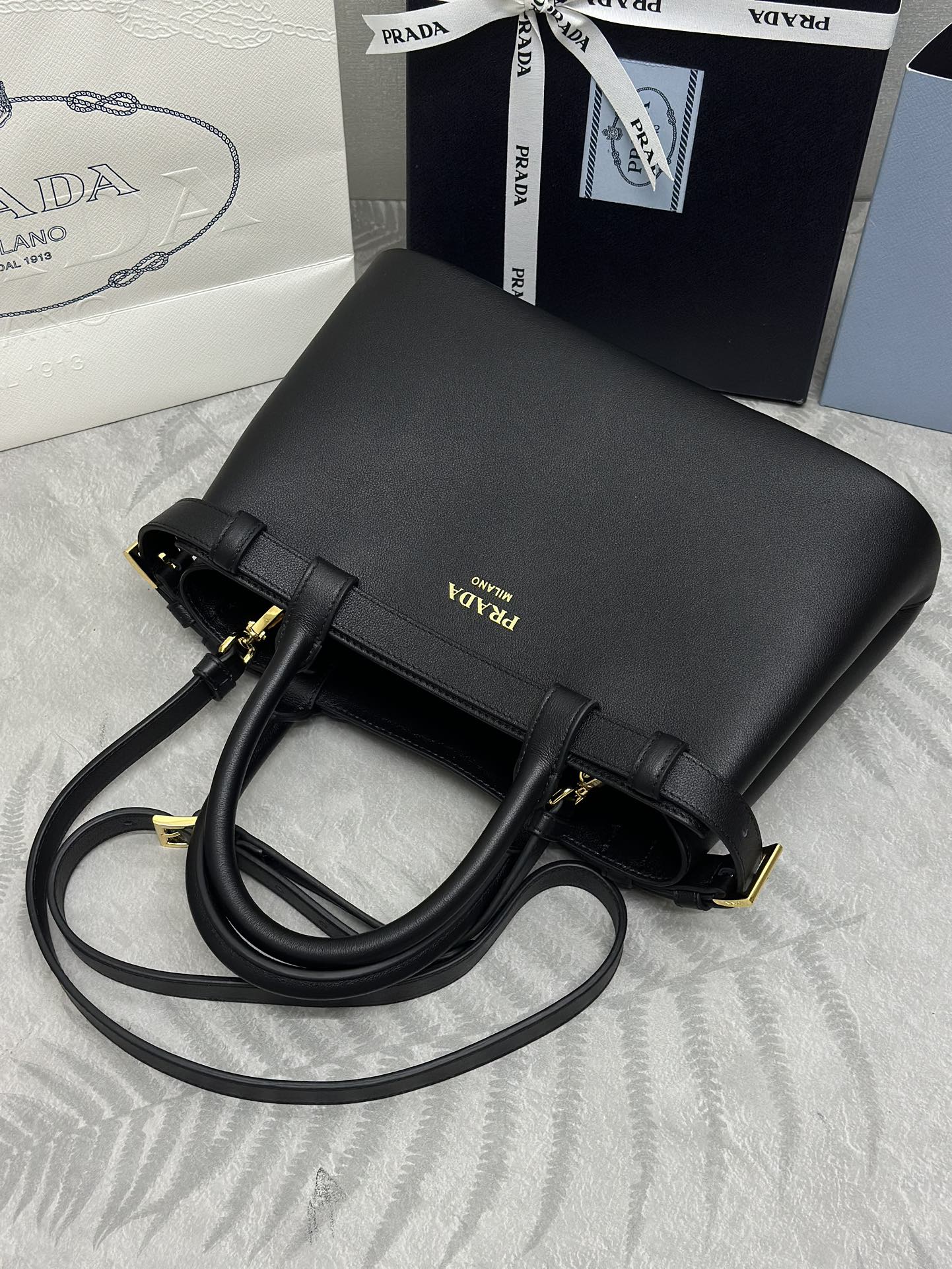 Prada Buckle Tote Bag 28cm Black Grain Cowhide mysite
