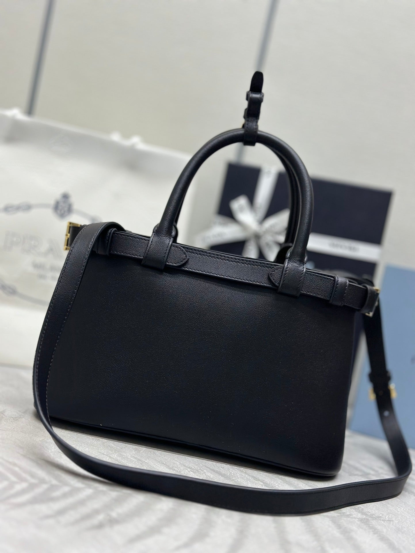 Prada Buckle Tote Bag 28cm Black Grain Cowhide mysite