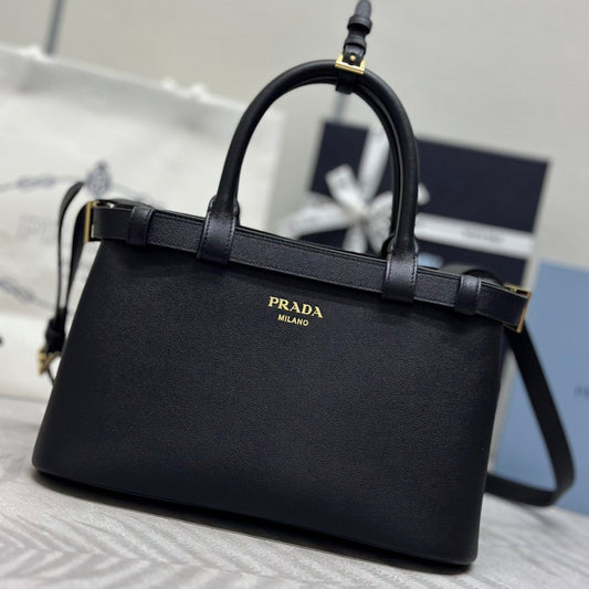 Prada Buckle Tote Bag 28cm Black Grain Cowhide mysite
