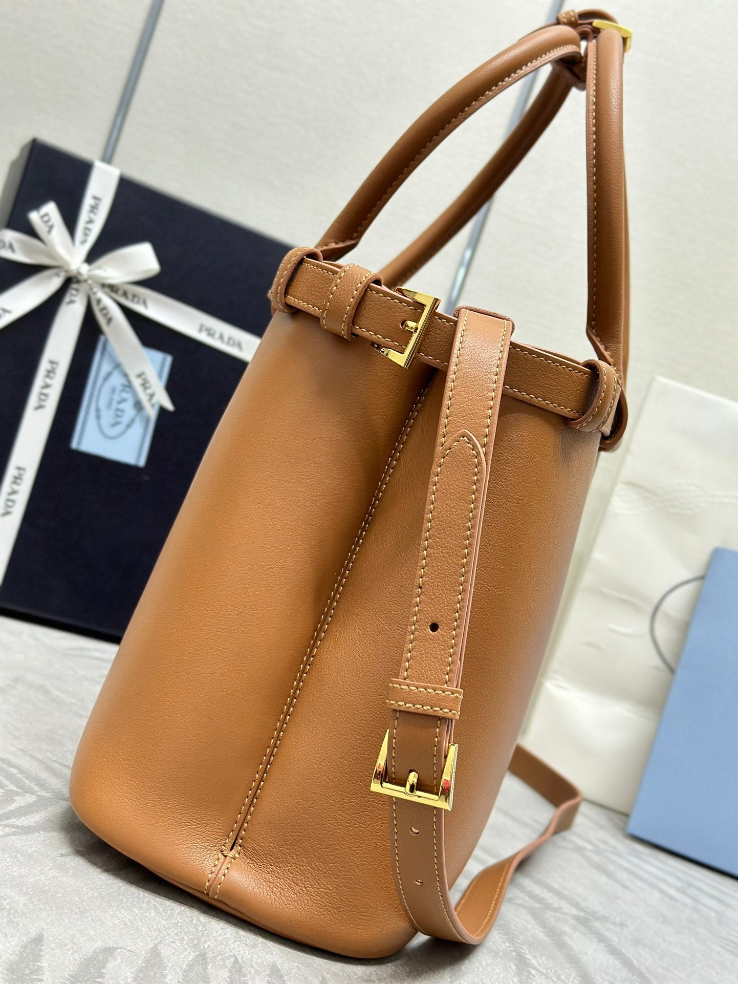 Prada Buckle Tote Bag 35cm Brown Cowhide mysite