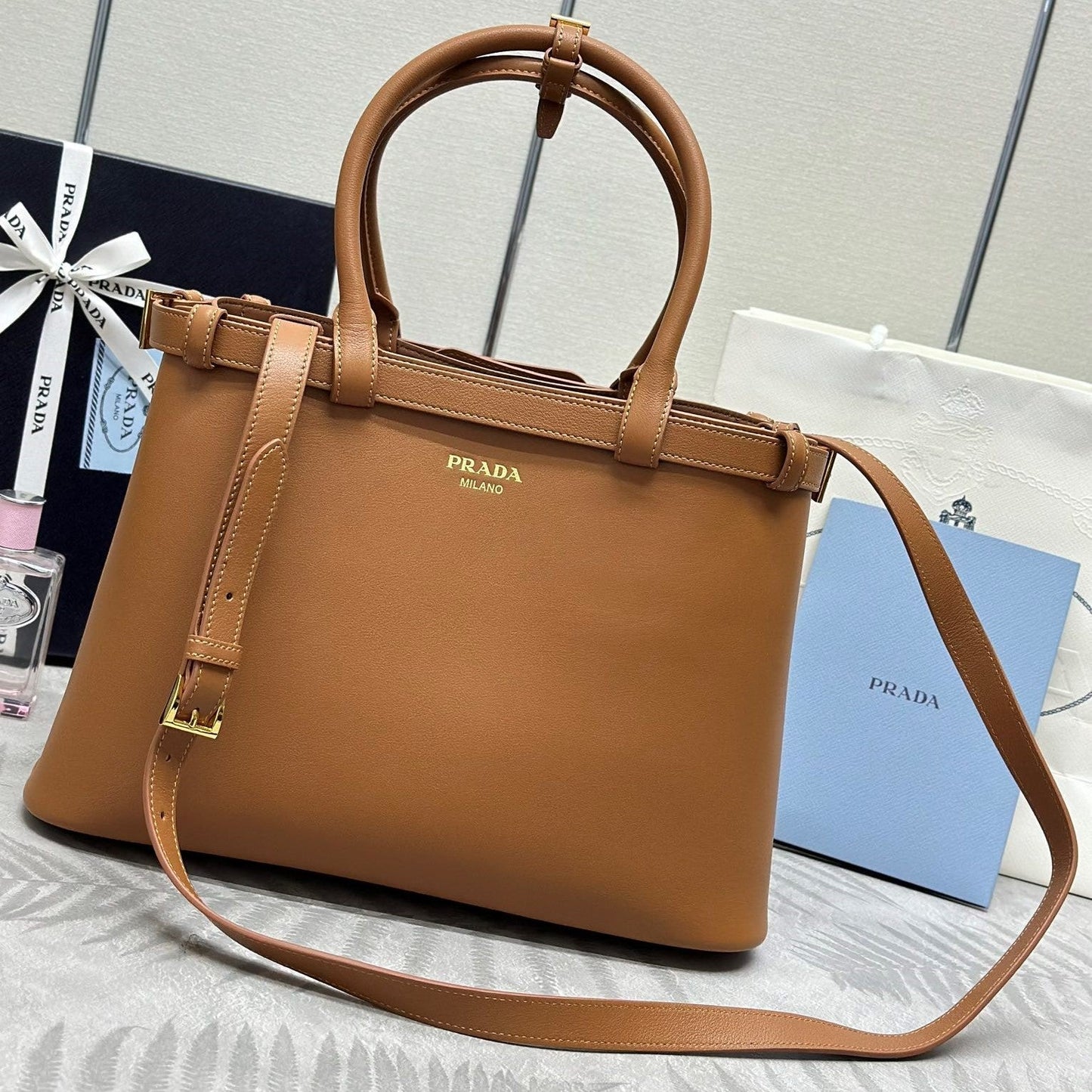 Prada Buckle Tote Bag 35cm Brown Cowhide mysite