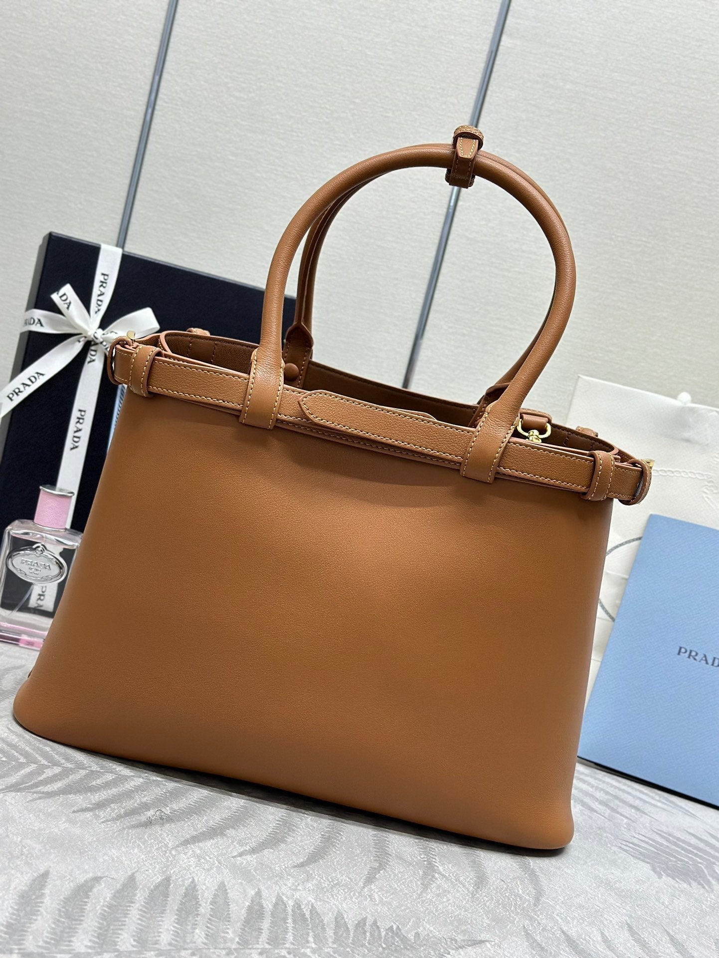Prada Buckle Tote Bag 35cm Brown Cowhide mysite