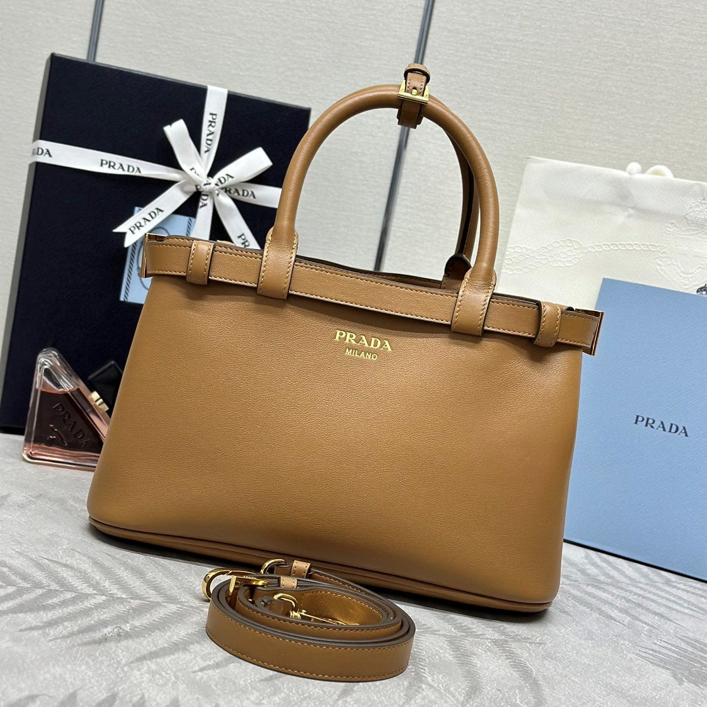 Prada Buckle Tote Bag 28cm Brown Cowhide mysite