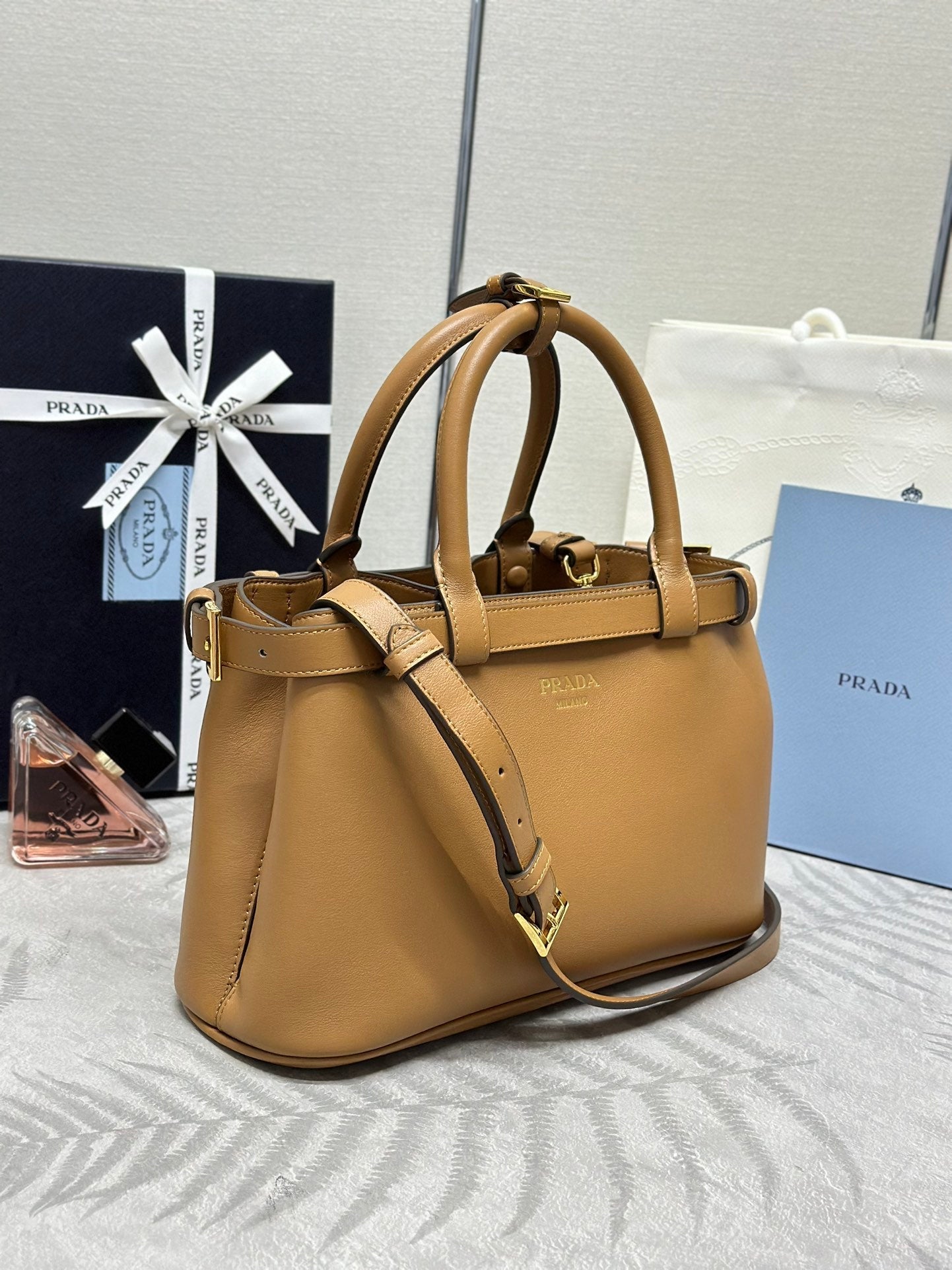Prada Buckle Tote Bag 28cm Brown Cowhide mysite