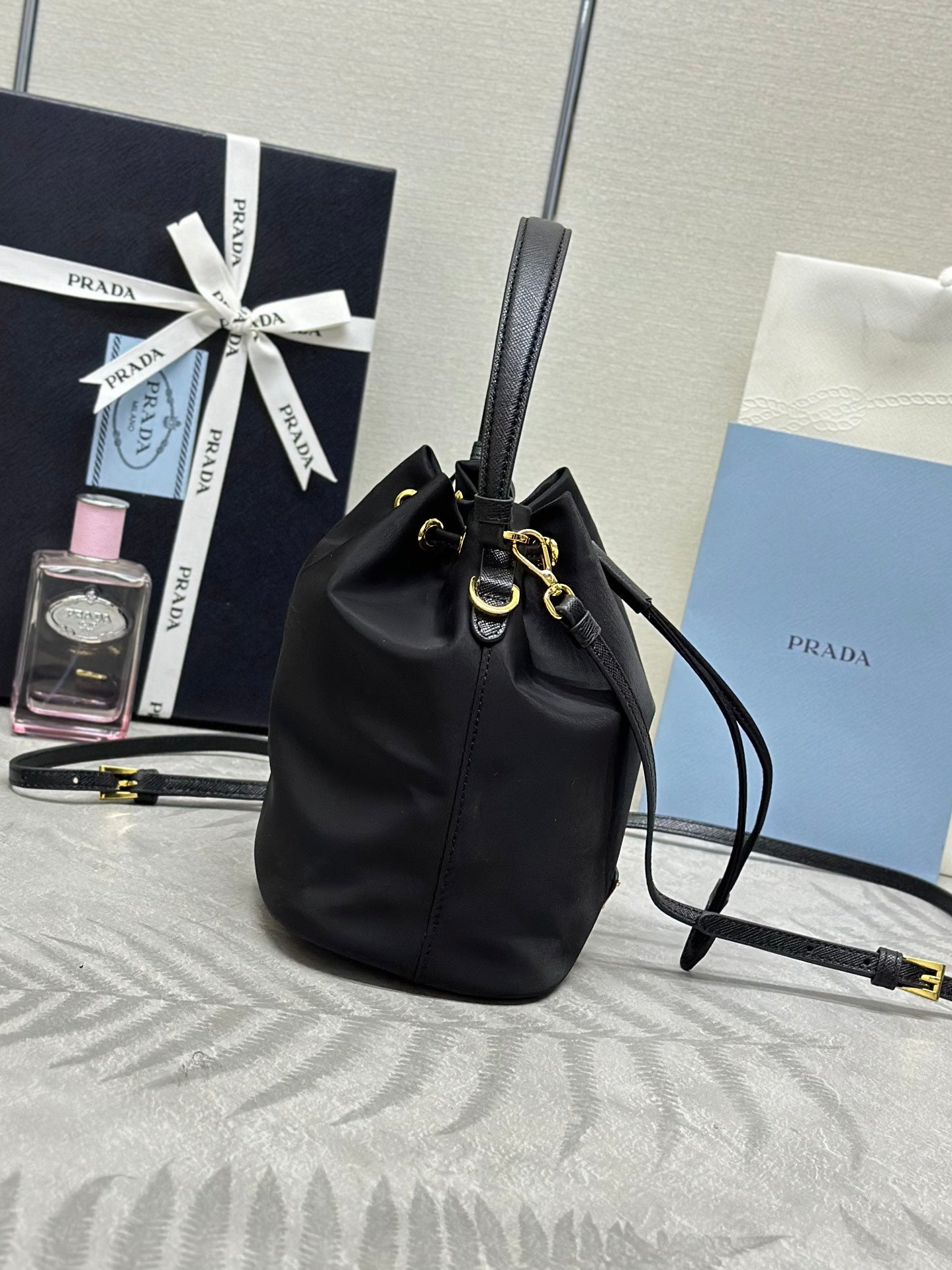 BUCKET BAG 19 IN BLACK RE-NYLON AND CALFSKIN HANDLE mysite