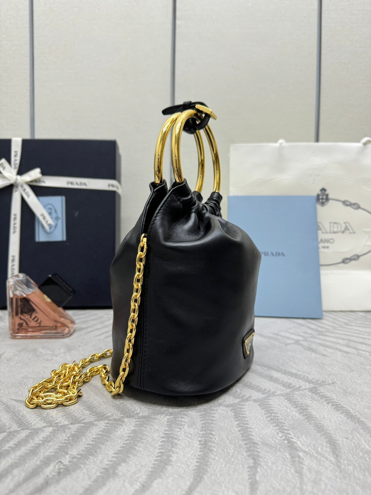 MINI BUCKET BAG 19 IN BLACK SOFT NAPPA LAMBSKIN GOLD HARDWARE mysite