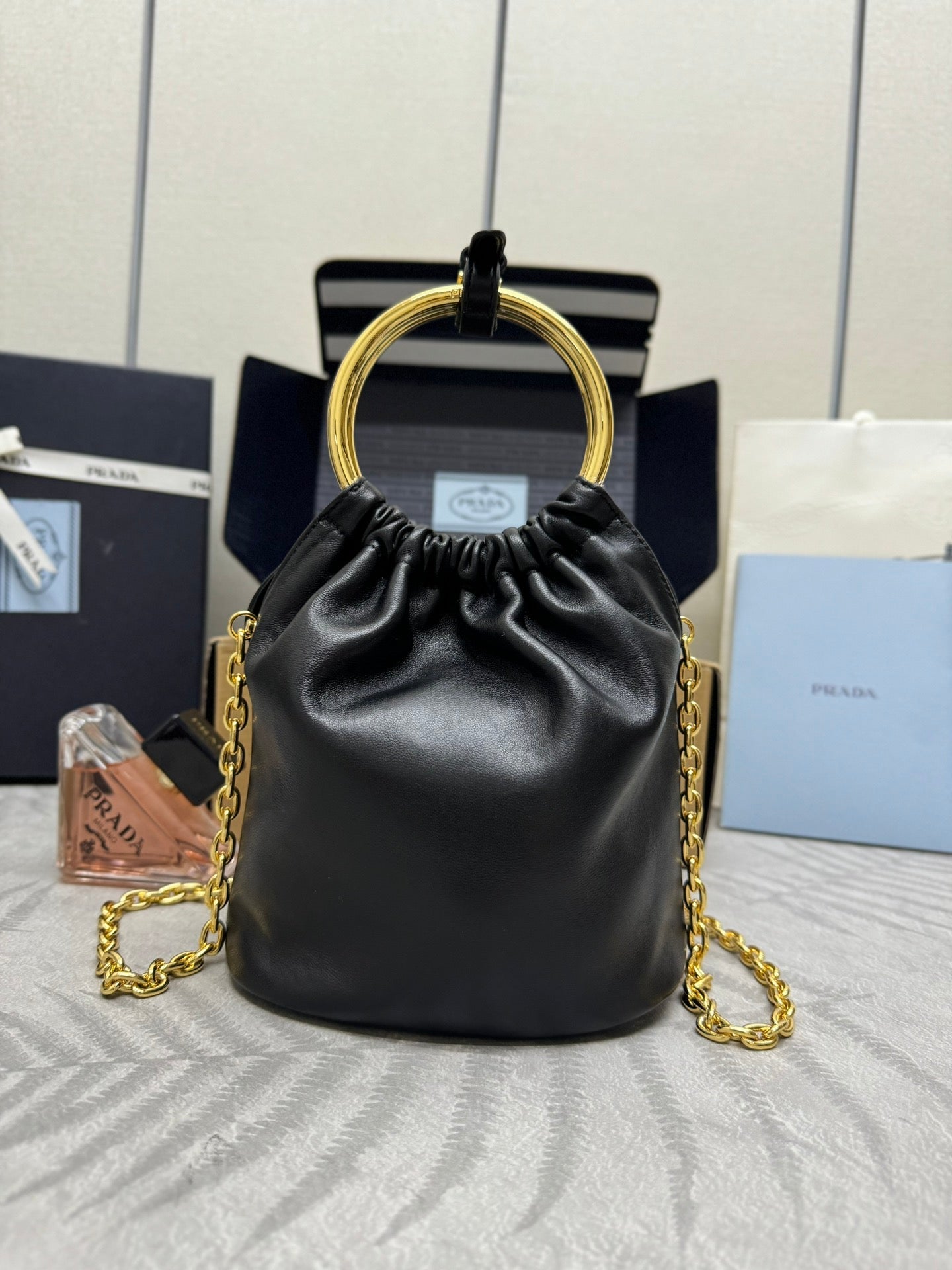 MINI BUCKET BAG 19 IN BLACK SOFT NAPPA LAMBSKIN GOLD HARDWARE mysite