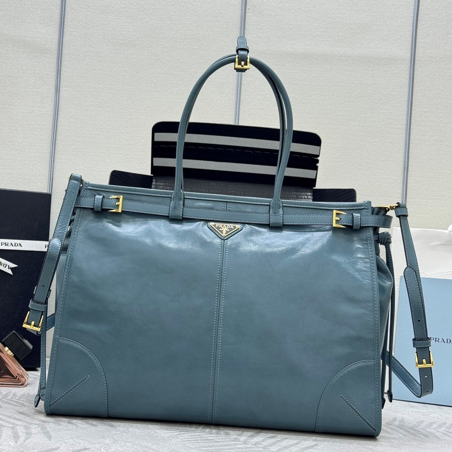 Prada Bonnie Extra-Large 42cm Blue Gray Calfskin mysite