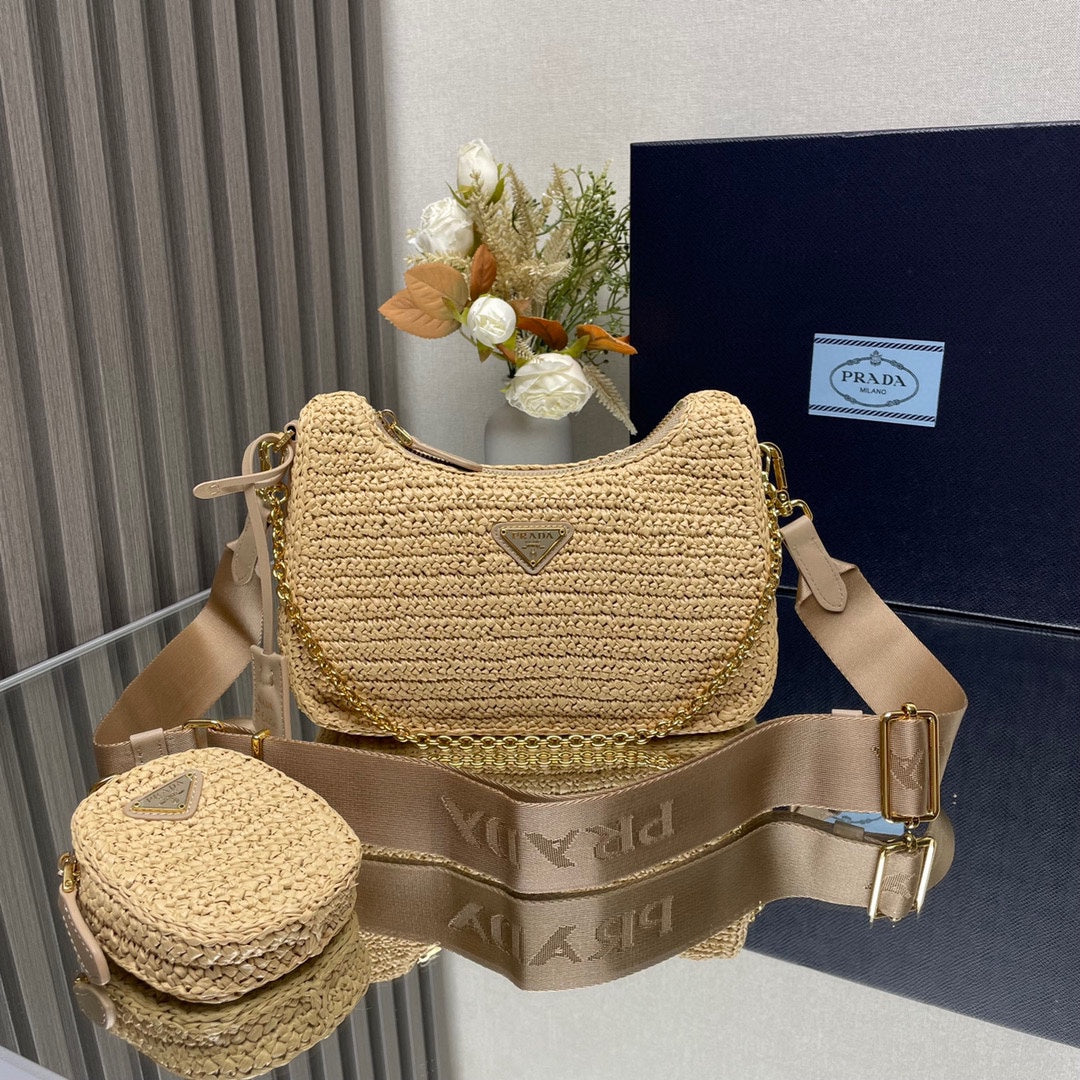 WOVEN HOBO BAG 23 IN BEIGE RAFFIA GOLD HARDWARE TRIANGLE LOGO mysite