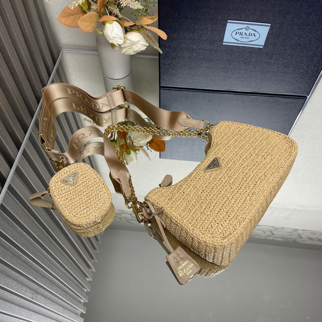 WOVEN HOBO BAG 23 IN BEIGE RAFFIA GOLD HARDWARE TRIANGLE LOGO mysite