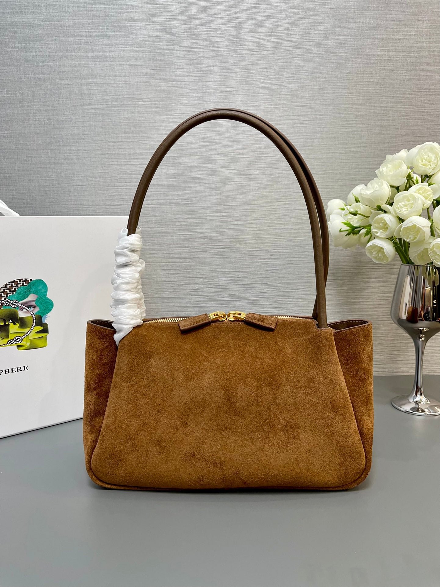 SHOULDER BAG 28 IN TAWNY BROWN SUEDE GOLD LOGO mysite