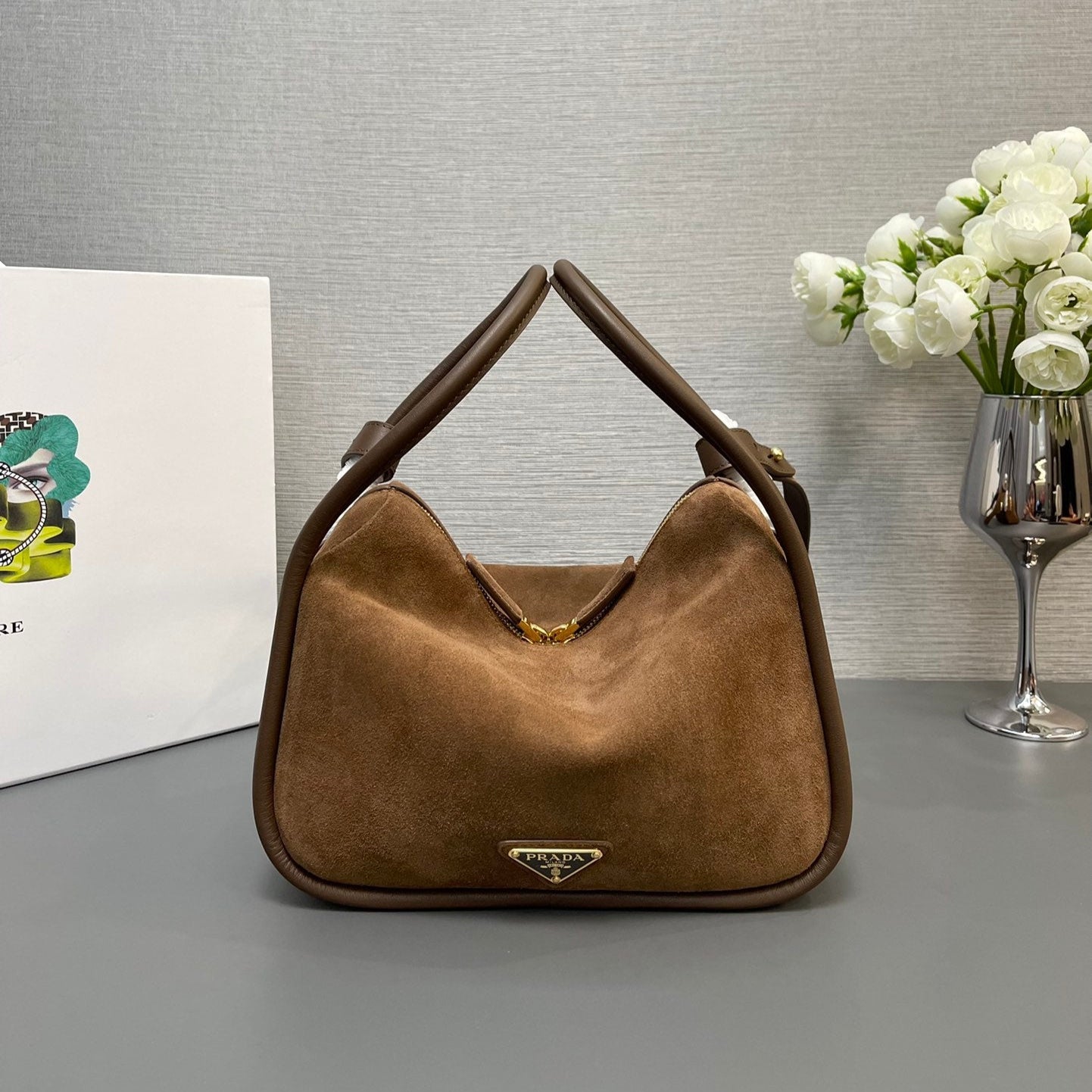 BOWLING BAG 25 IN ASH BROWN SUEDE AND CALFSKIN TRIM GOLD LOGO mysite