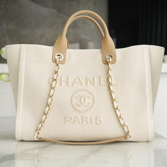 TOTE BAG 39 ATTACHED PEARL LOGO IN BEIGE CANVAS GOLD HARDWARE mysite