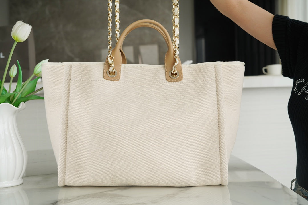 TOTE BAG 39 ATTACHED PEARL LOGO IN BEIGE CANVAS GOLD HARDWARE mysite