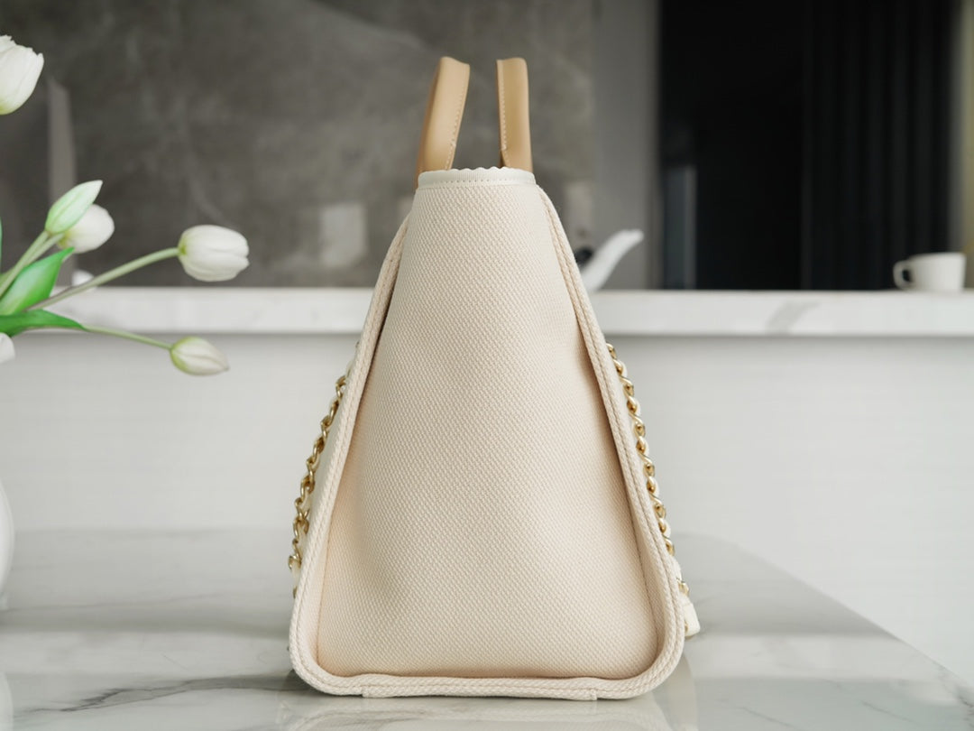 TOTE BAG 39 ATTACHED PEARL LOGO IN BEIGE CANVAS GOLD HARDWARE mysite