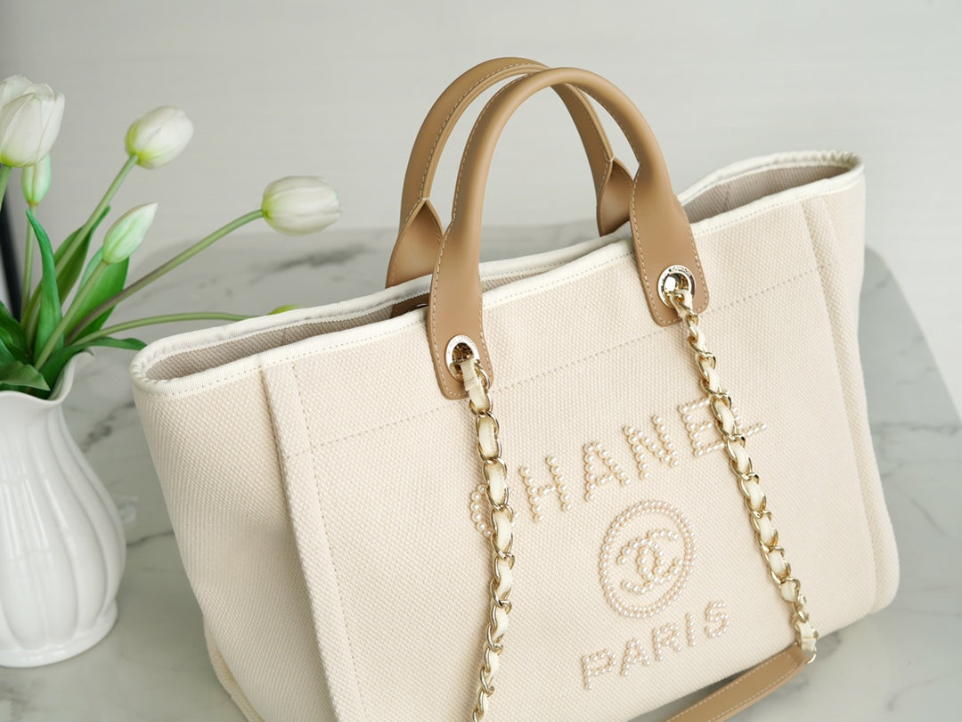TOTE BAG 39 ATTACHED PEARL LOGO IN BEIGE CANVAS GOLD HARDWARE mysite