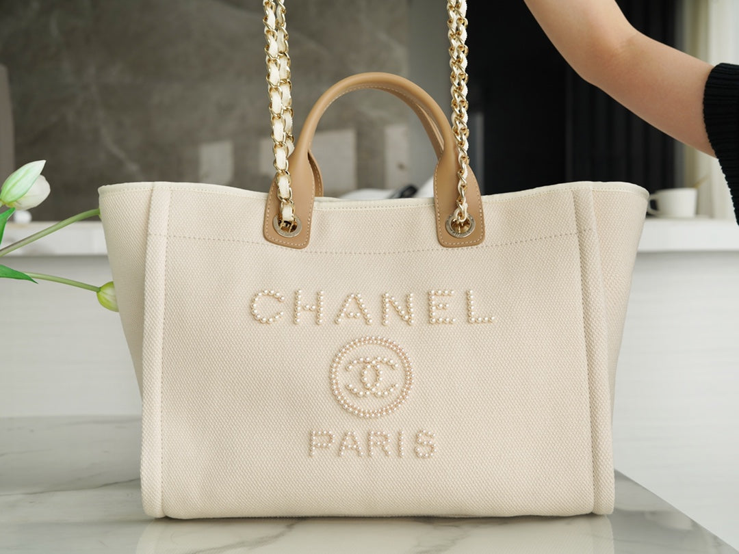 TOTE BAG 39 ATTACHED PEARL LOGO IN BEIGE CANVAS GOLD HARDWARE mysite