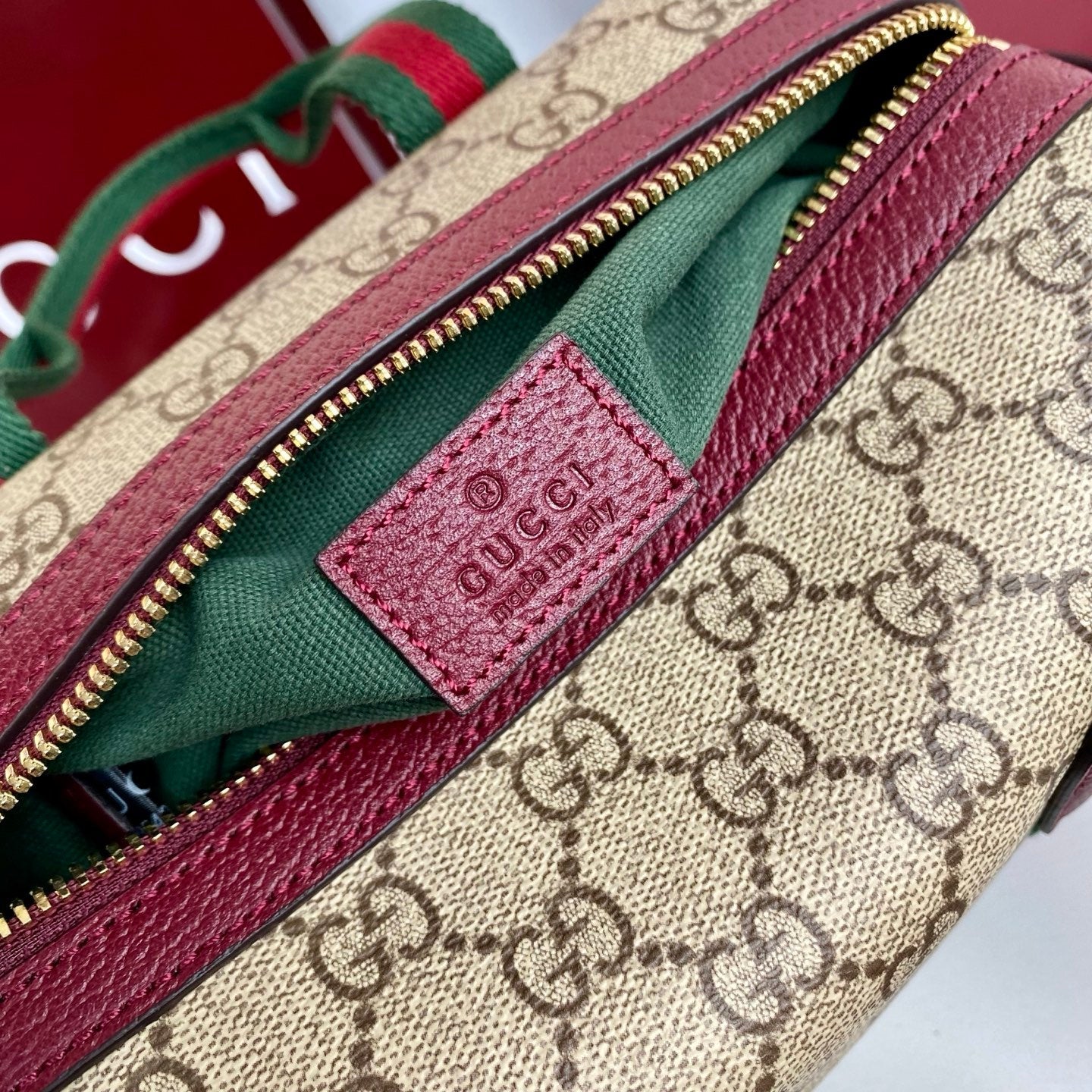 Gucci 25 GG Handbag 20cm  Beige mix Rosso Ancora Red Canvas Leather 286710 mysite
