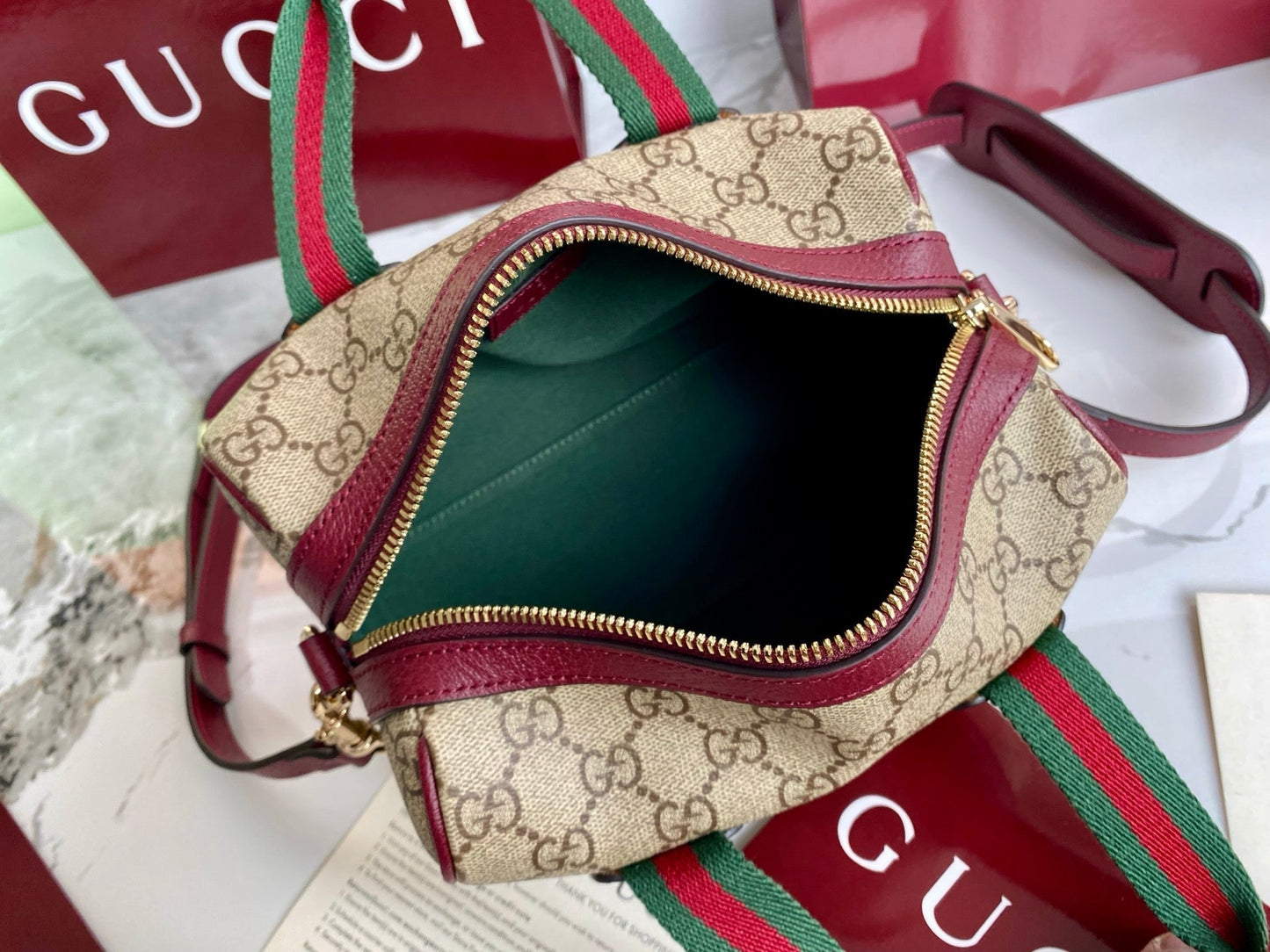 Gucci 25 GG Handbag 20cm  Beige mix Rosso Ancora Red Canvas Leather 286710 mysite