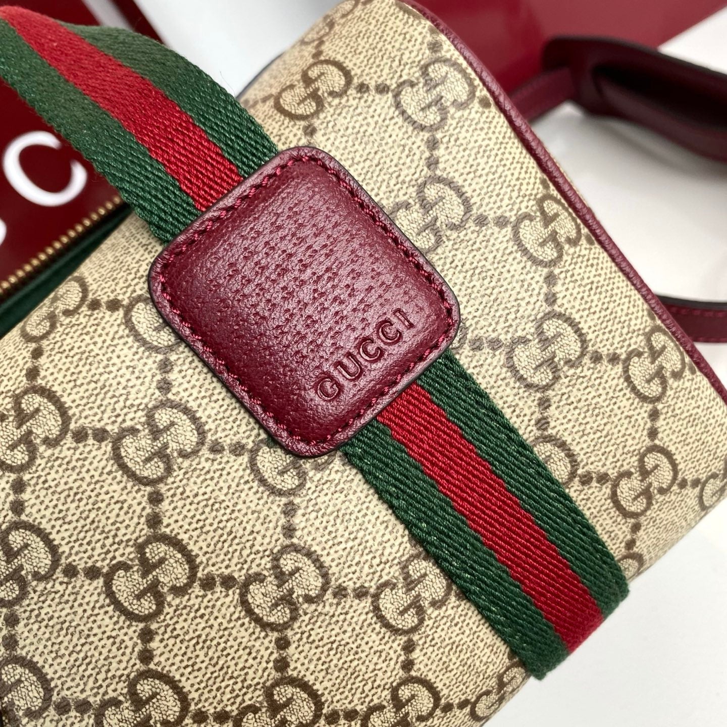Gucci 25 GG Handbag 20cm  Beige mix Rosso Ancora Red Canvas Leather 286710 mysite