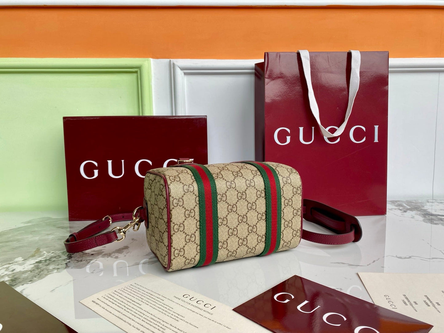 Gucci 25 GG Handbag 20cm  Beige mix Rosso Ancora Red Canvas Leather 286710 mysite