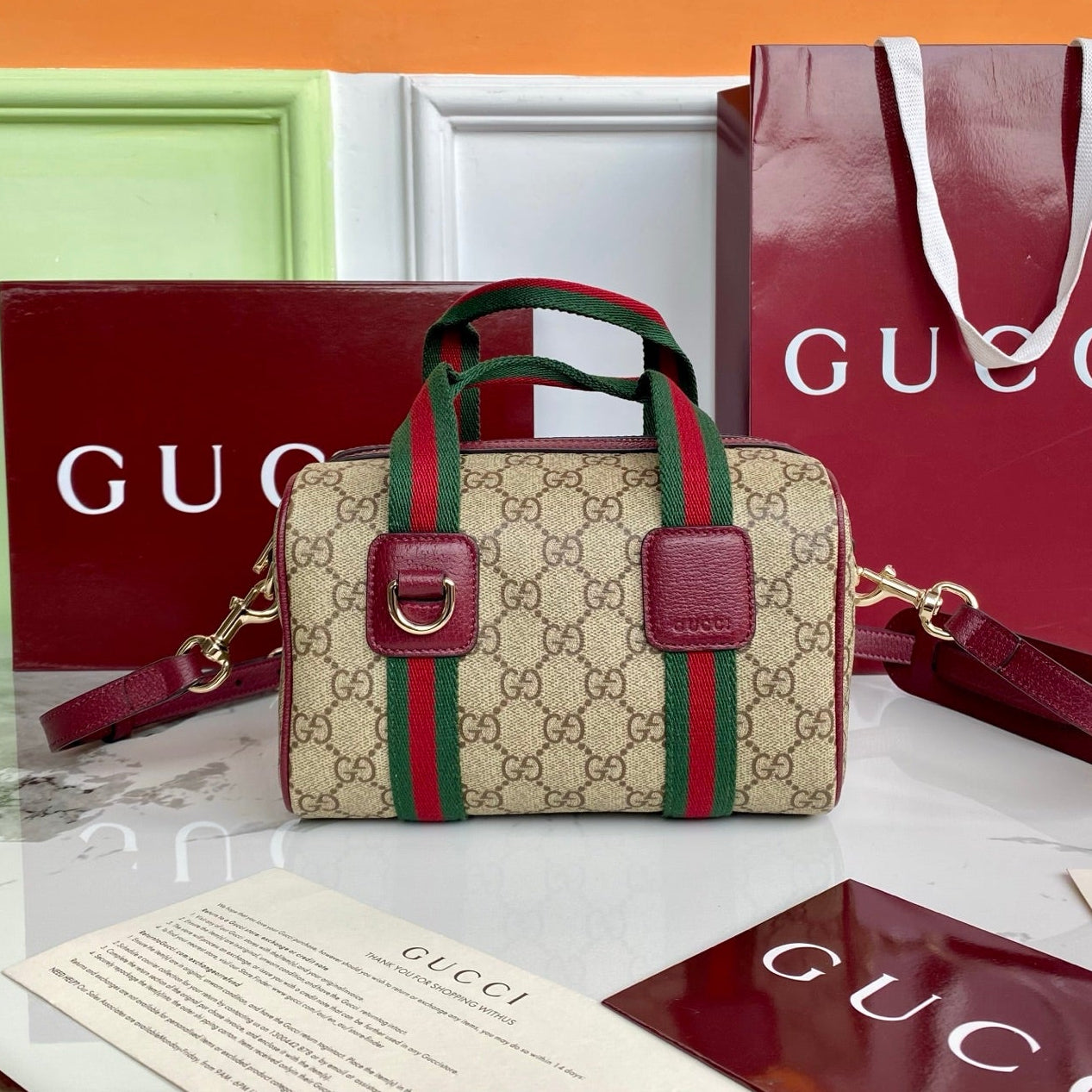 Gucci 25 GG Handbag 20cm  Beige mix Rosso Ancora Red Canvas Leather 286710 mysite