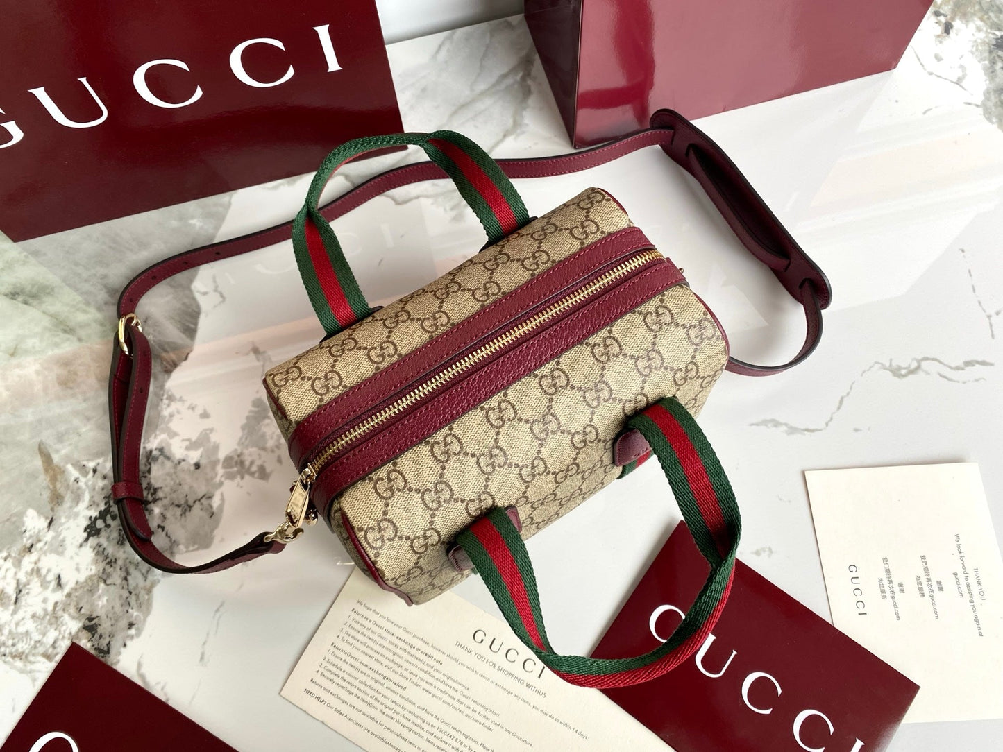 Gucci 25 GG Handbag 20cm  Beige mix Rosso Ancora Red Canvas Leather 286710 mysite