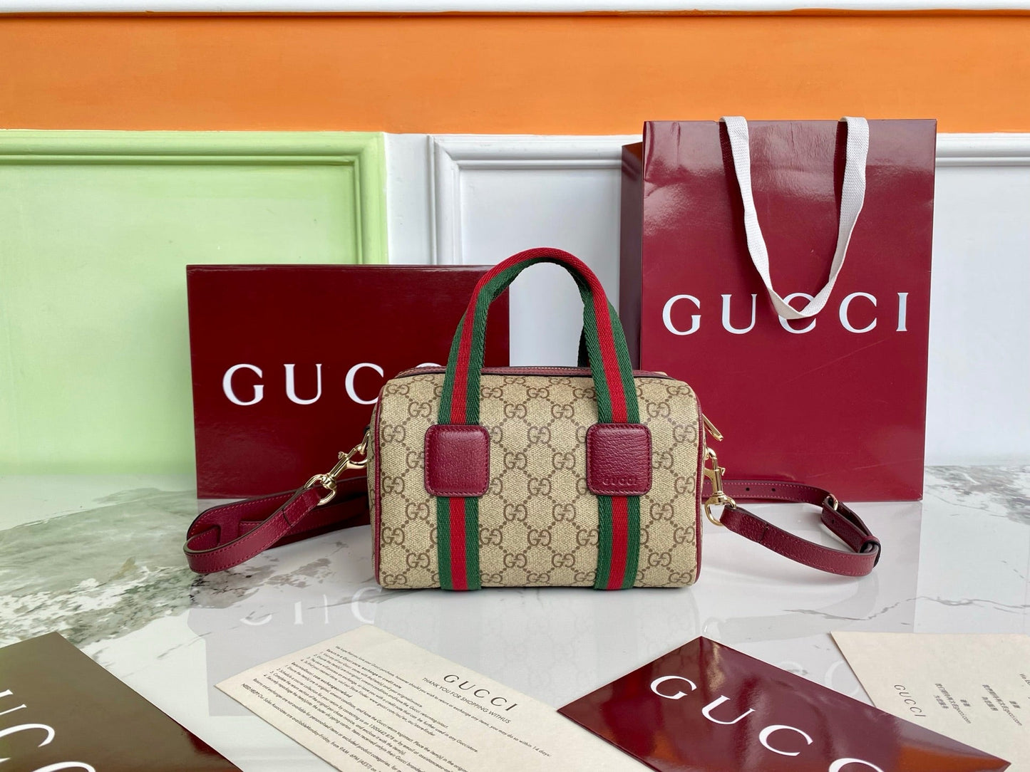 Gucci 25 GG Handbag 20cm  Beige mix Rosso Ancora Red Canvas Leather 286710 mysite