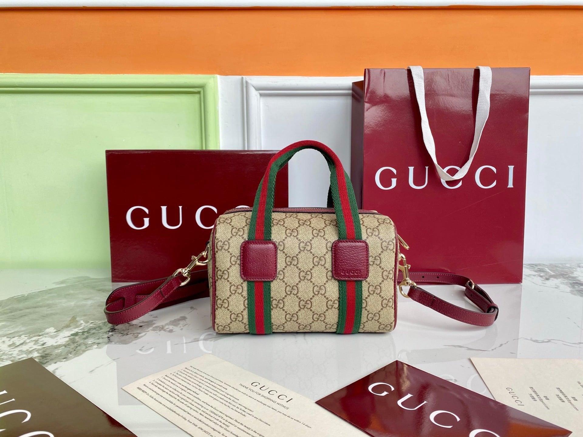 Gucci 25 GG Handbag 20cm  Beige mix Rosso Ancora Red Canvas Leather 286710 mysite