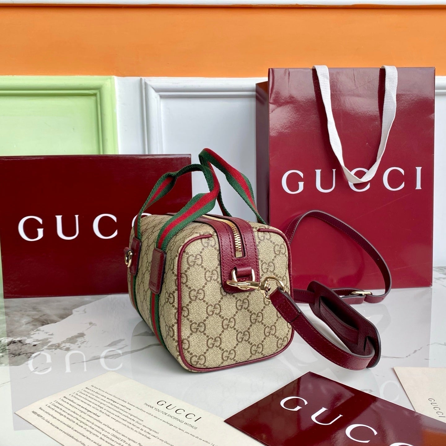 Gucci 25 GG Handbag 20cm  Beige mix Rosso Ancora Red Canvas Leather 286710 mysite