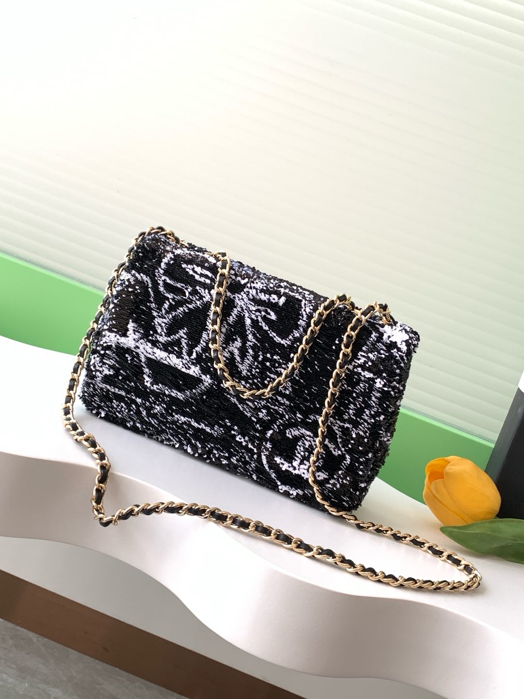 CC 24S Flap Bag Mini 21cm Black White Sequin Gold Hardware 238439 mysite