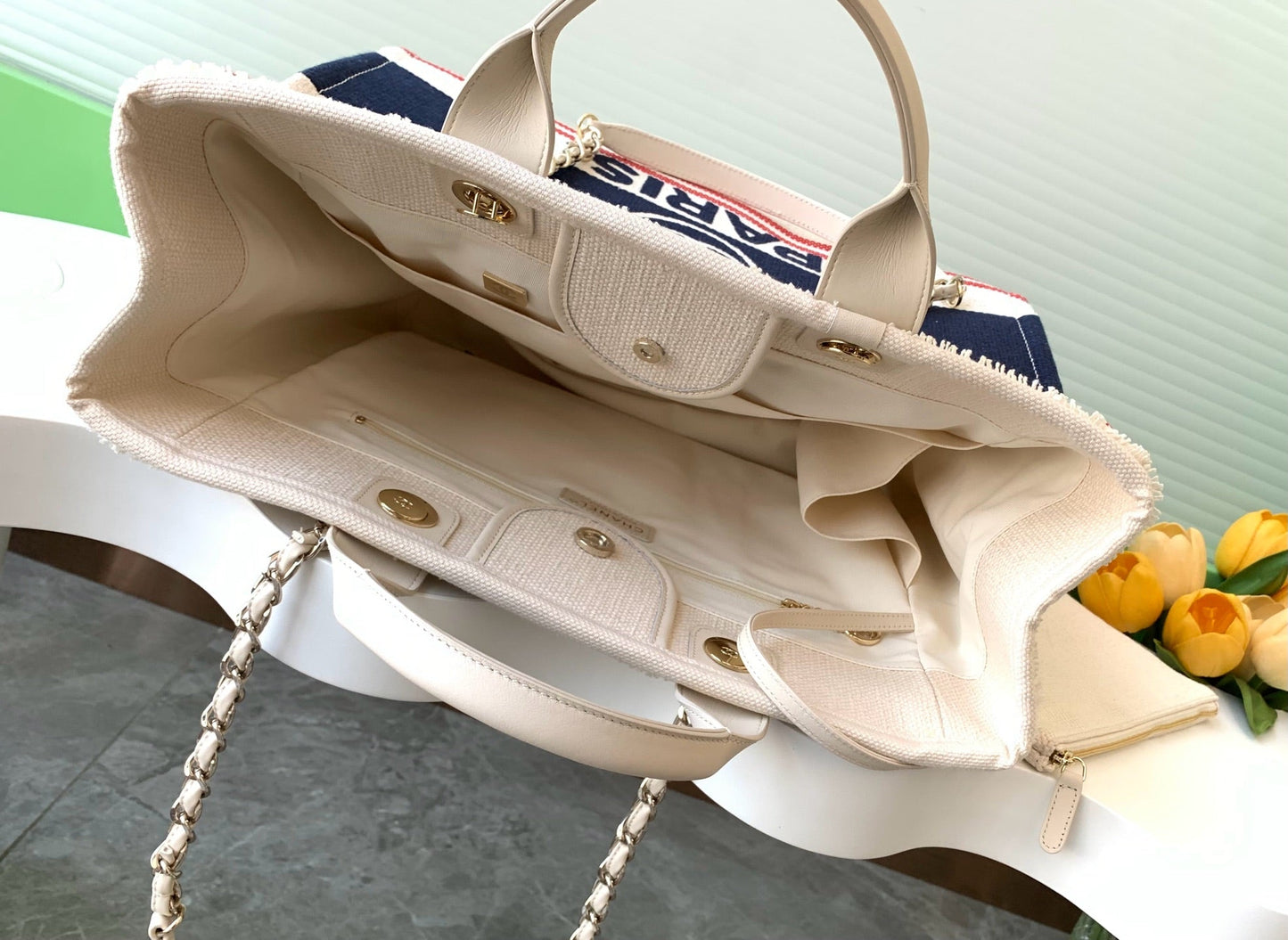 CC 25C ToTe  Bag Beige Navy Blue Canvas Fabric 238518 mysite