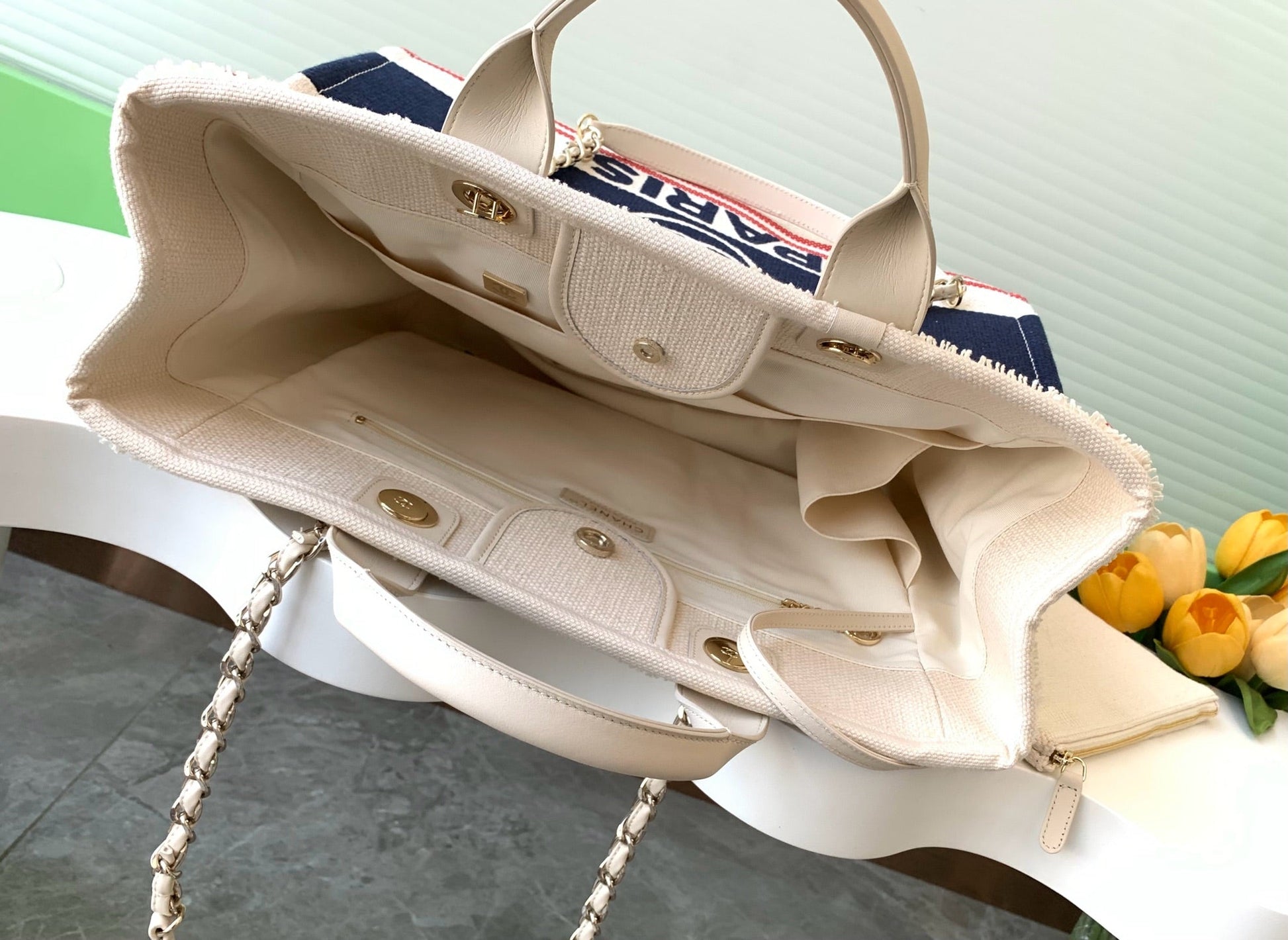 CC 25C ToTe  Bag Beige Navy Blue Canvas Fabric 238518 mysite