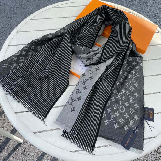 MONOGRAM SCARF 200 CM IN BLACK CASHMERE AND SILK 388078 mysite