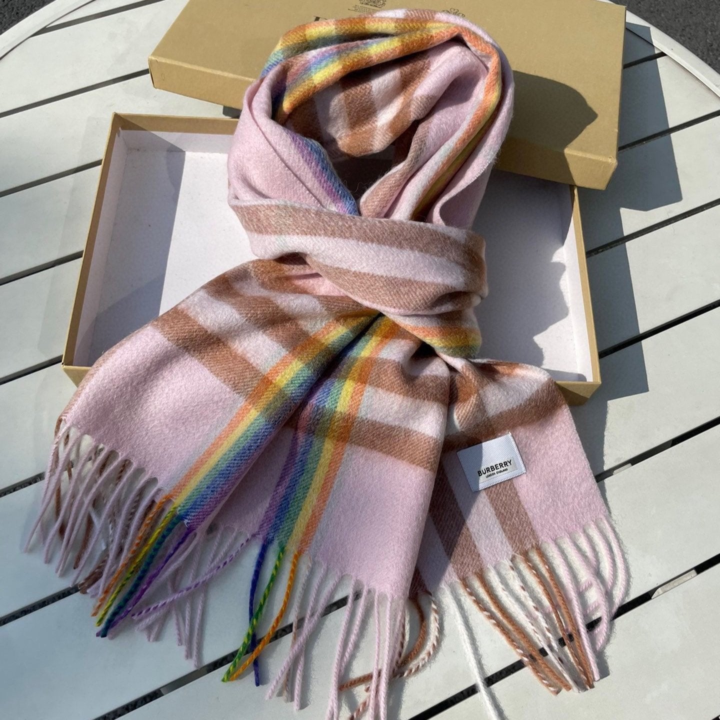 CHECK SCARF 200 CM IN LIGHT PINK MIX CAMEL BROWN CASHMERE 394750 mysite