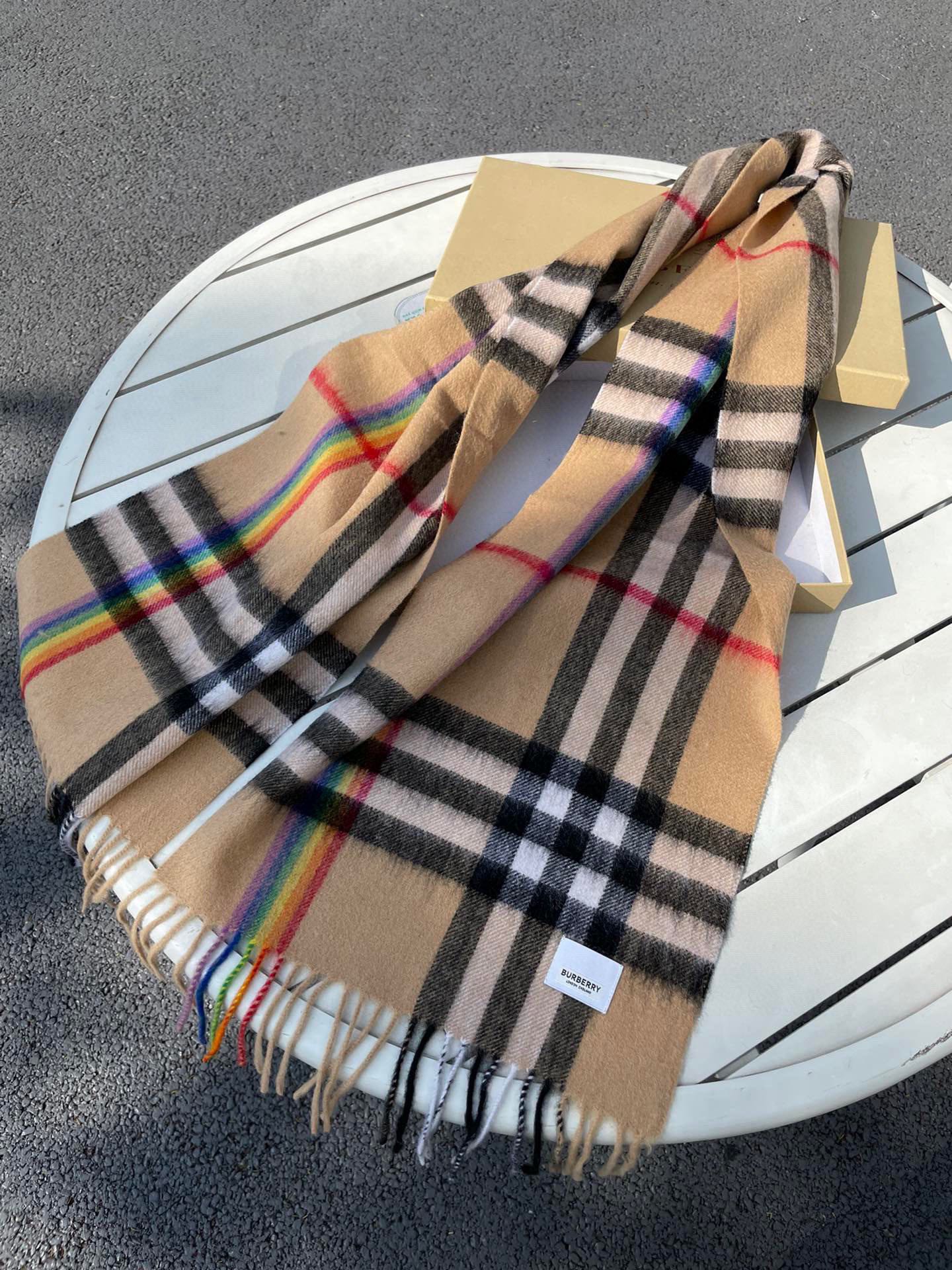 CHECK SCARF 200 CM IN CAMEL BEIGE MIX BLACK CASHMERE 394753 mysite