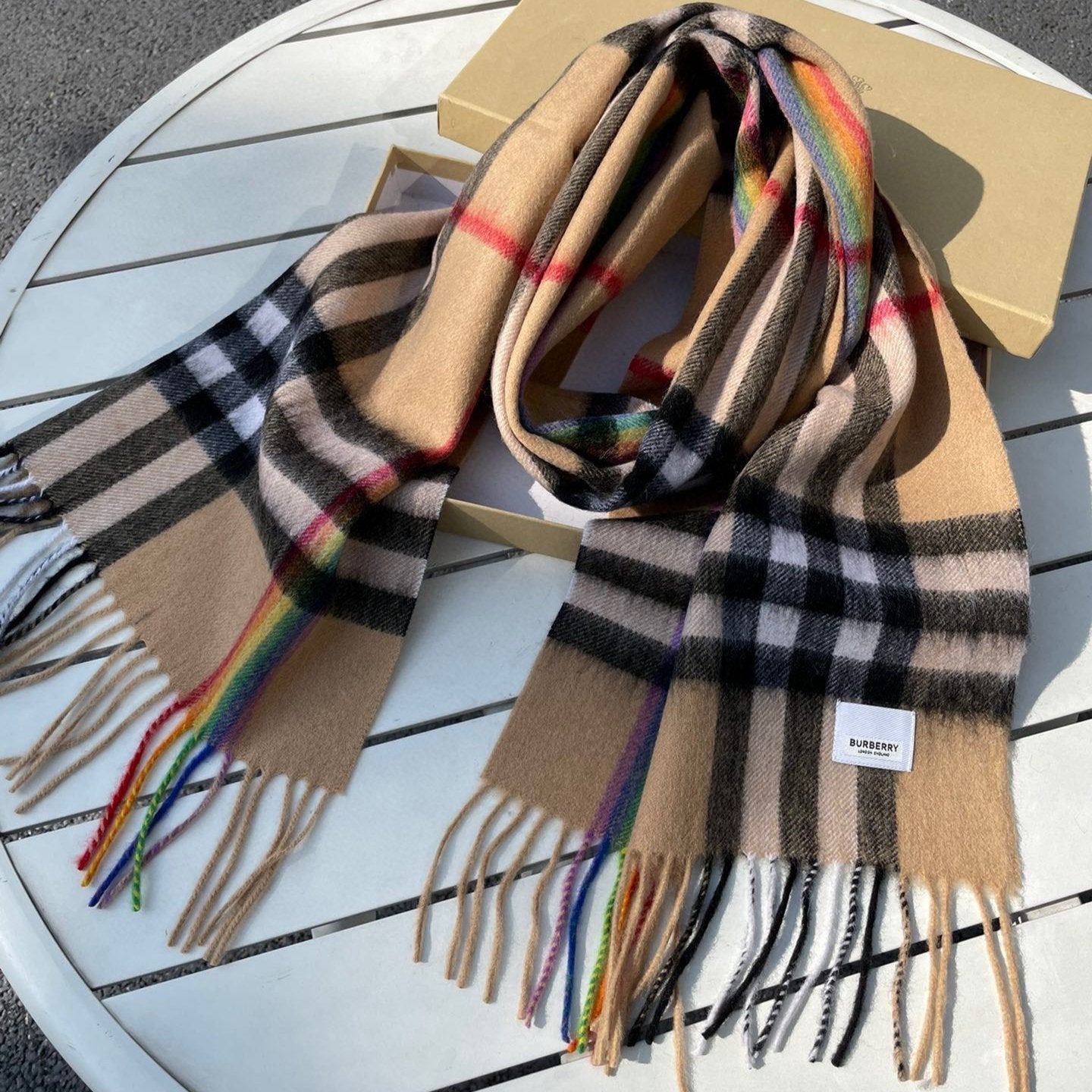 CHECK SCARF 200 CM IN CAMEL BEIGE MIX BLACK CASHMERE 394753 mysite