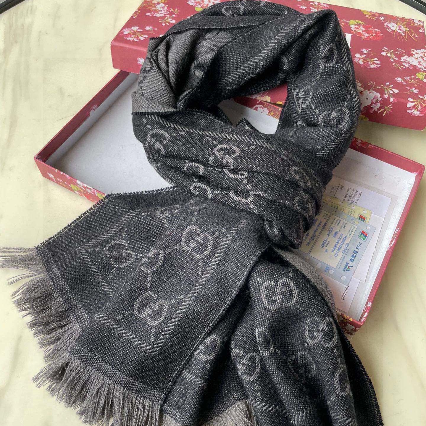 SCARF 180 CM IN BLACK GG PATTERN MONOGRAM WOOL 407525 mysite