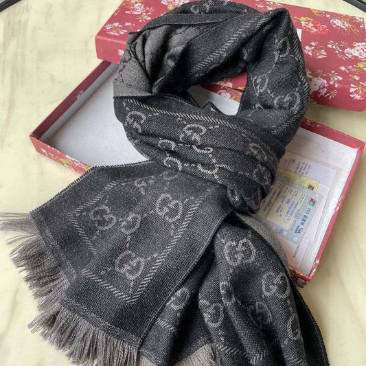 SCARF 180 CM IN BLACK GG PATTERN MONOGRAM WOOL 407525 mysite