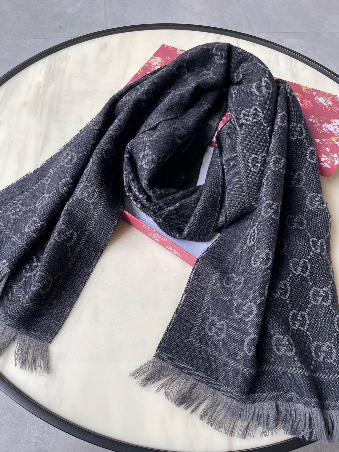 SCARF 180 CM IN BLACK GG PATTERN MONOGRAM WOOL 407525 mysite