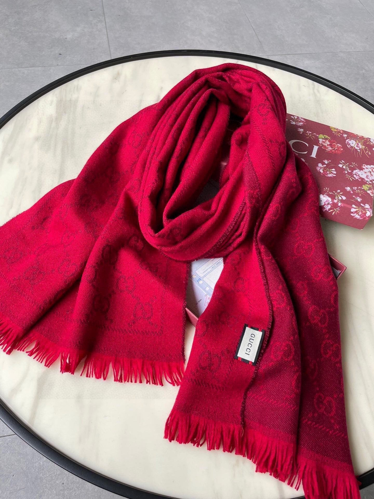 SCARF 180 CM IN CHERRY RED GG PATTERN MONOGRAM WOOL 407527 mysite