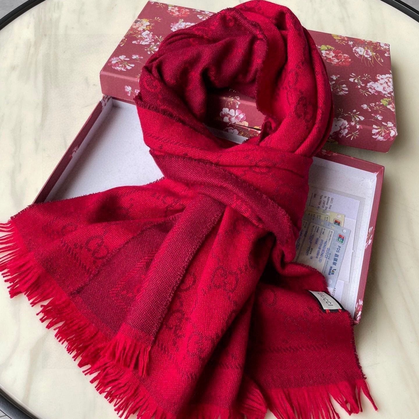 SCARF 180 CM IN CHERRY RED GG PATTERN MONOGRAM WOOL 407527 mysite