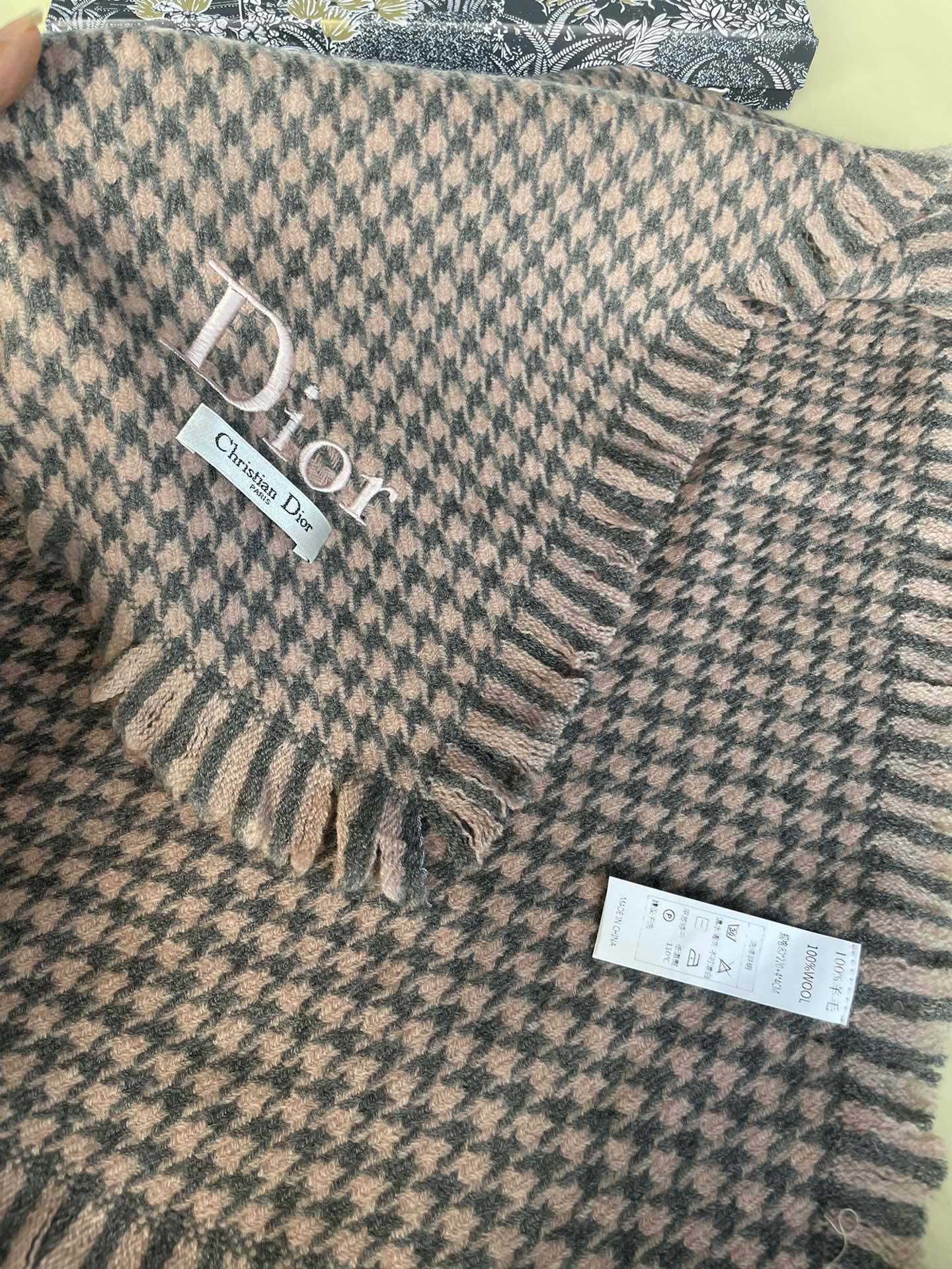 HOUNDSTOOTH SCARF 200 CM IN CAMEL BROWN WOOL 416827 mysite