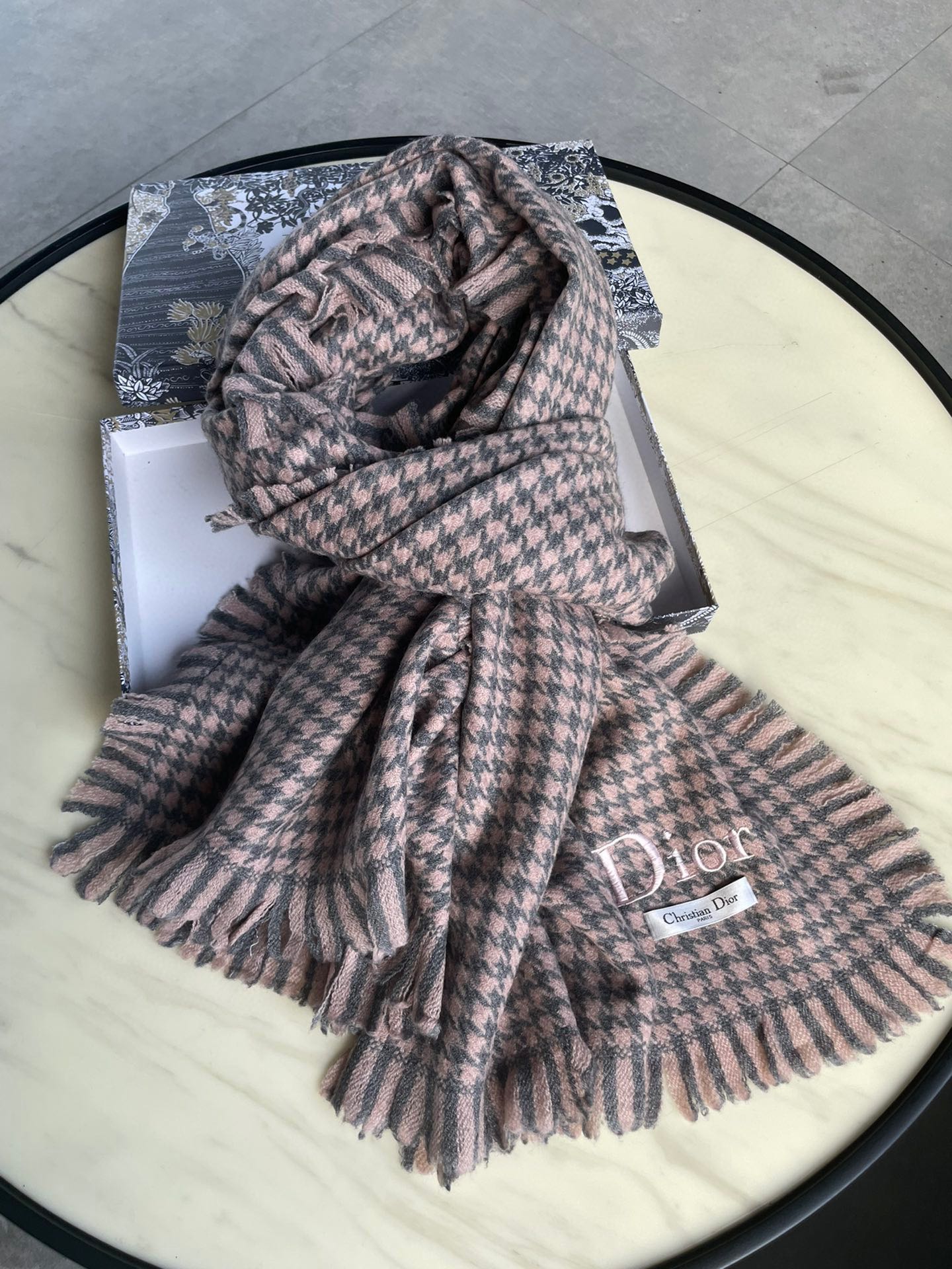 HOUNDSTOOTH SCARF 200 CM IN CAMEL BROWN WOOL 416827 mysite